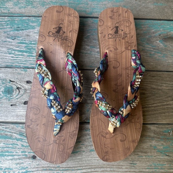 Corkys Thong Sandals Flip Flops Women's Size 10 Braided Rhinestone Embellished - Picture 1 of 9